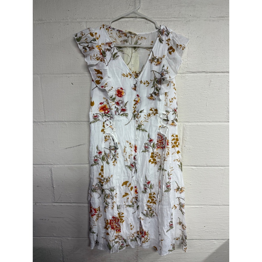 Kings Road Floral Ruffle Button Down Midi Dress White Mustard Size L 1094400